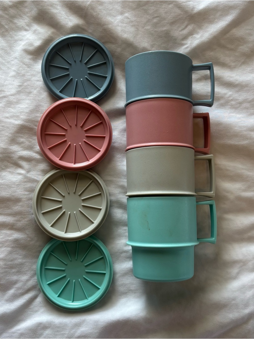 Vintage Tupperware Pastel Stackable Mugs-Lids/Coaster Set Blue, Pink, Gray, Mint